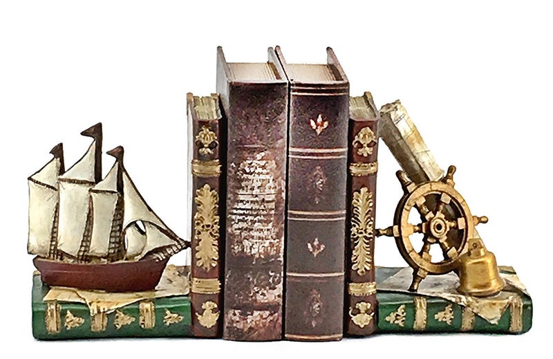 Bellaa 24247 Pirate Ship Bookends Captain Sailboat Crew Sailor Nautical Coastal Home Decor Art Statues Book Ends Shelves Stoppers Holder Nonskid Shelf Heavy Duty Supports Vintage Style - Image 5